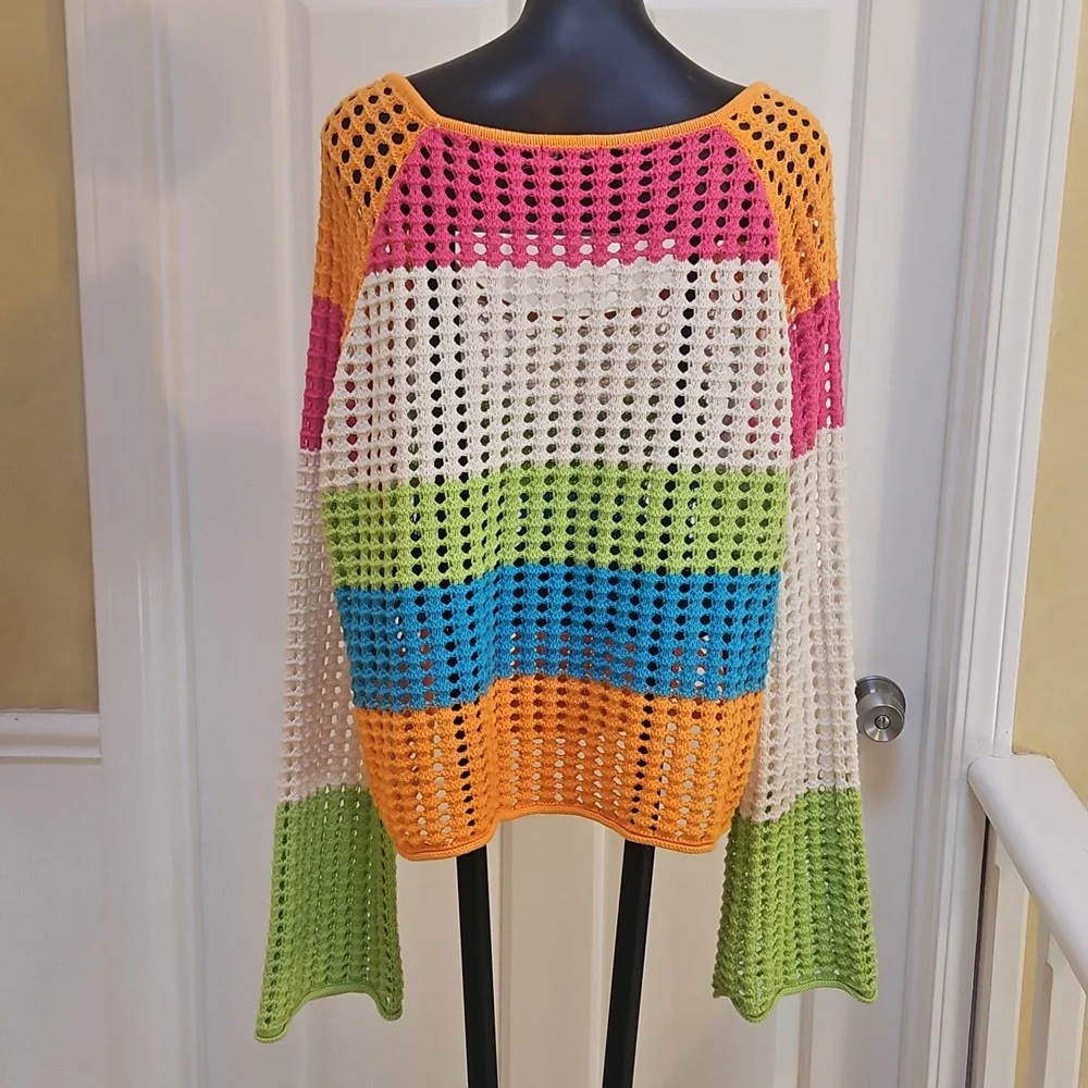 WILD FABLE Womens Sweater Open Knit Boho Crochet Crop Colorful 70s Style - XL